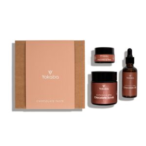 Coffret cadeau Chocolate Taste : huile chocolatée 50 ml, gommage chocolat 100 ml, baume à lèvres chocolat 15 ml, Yokaba